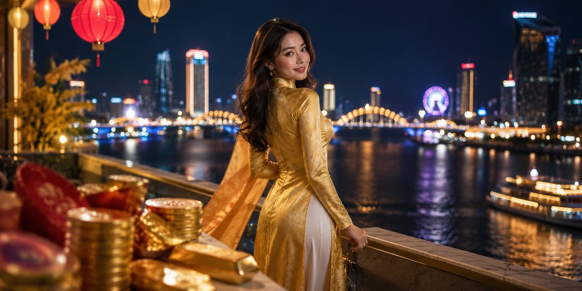 Phòng casino sôi động tại Đà Nẵng với người chơi mặc áo dài